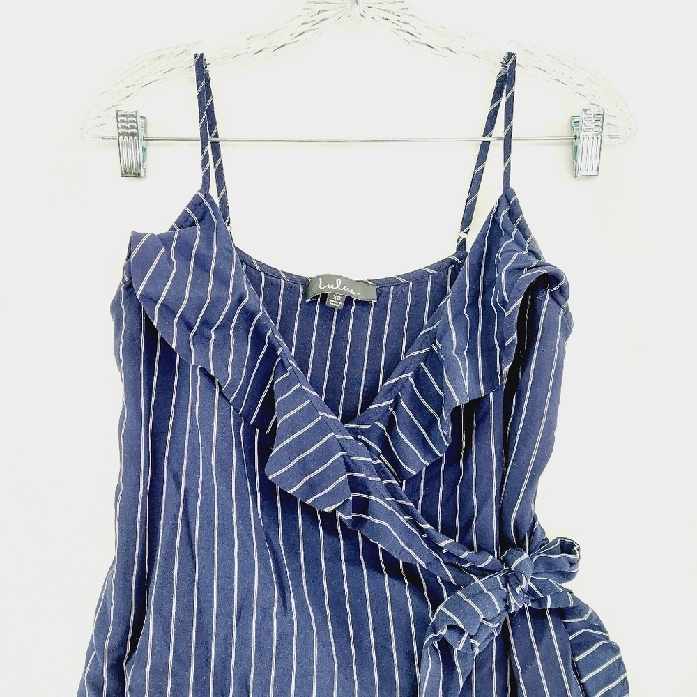 Lulu's Carnegie Navy Blue Striped Wrap Ruffle Summer Dress P6003 - Picture 3 of 7